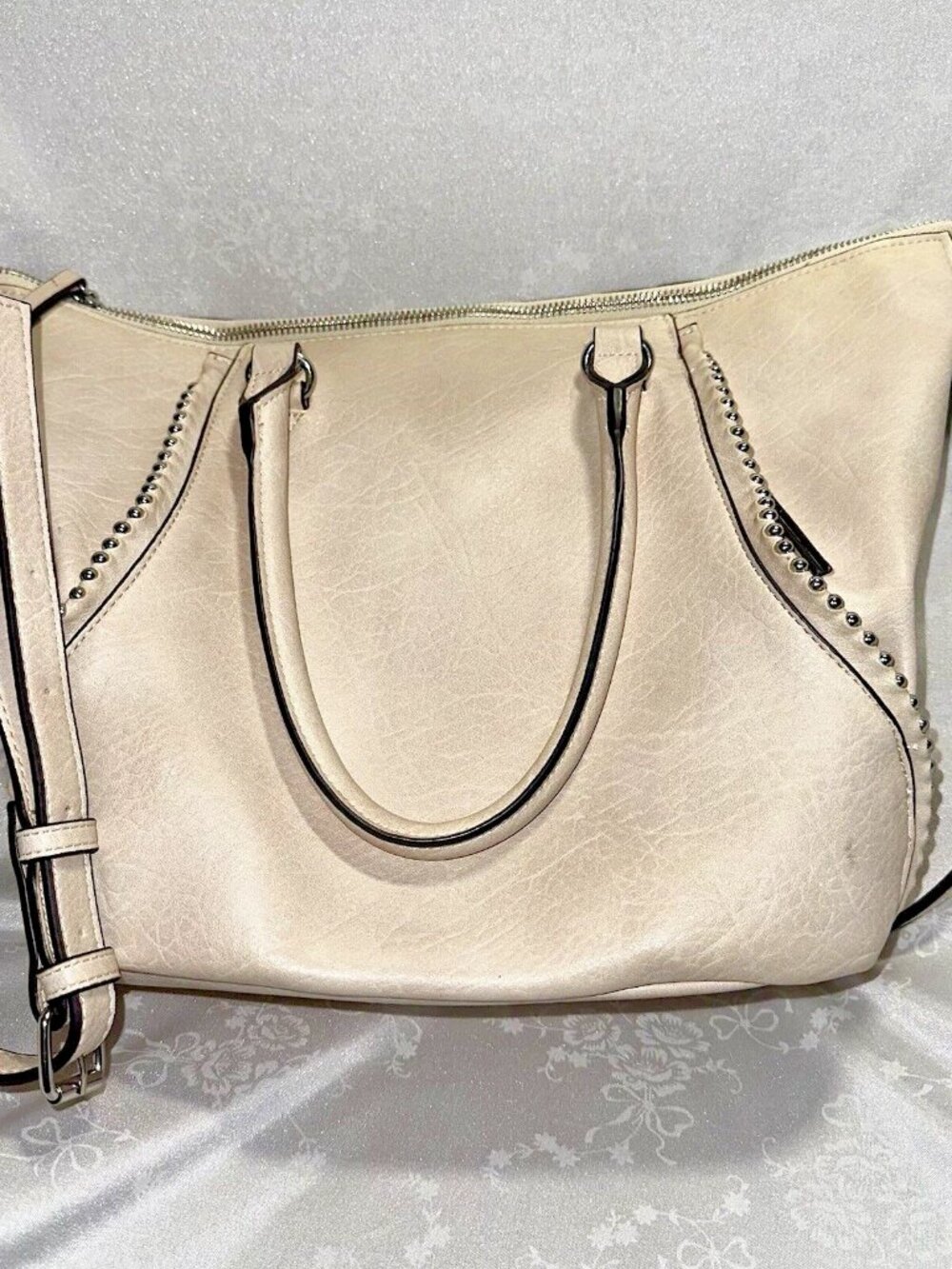 Max Studio Faux Leather Shoulder Bag Quiet Luxury Neutral Zip Tote Purse - Picture 3 of 10